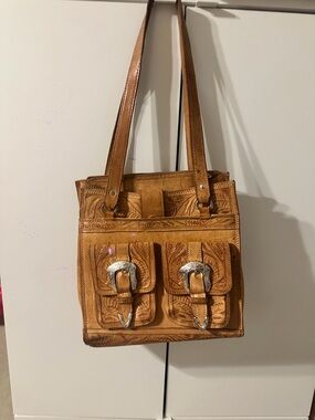 Hand-Tooled Leather Shoulder Bag in Tan